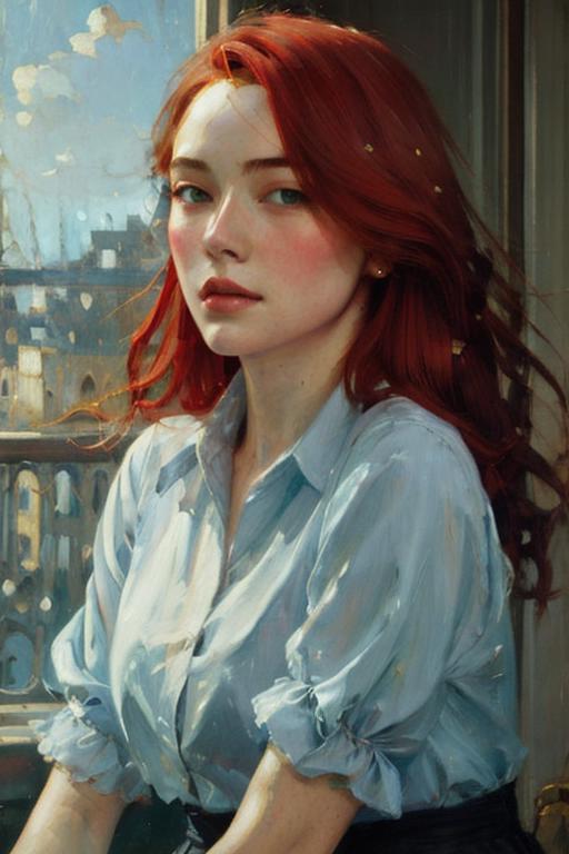 01405-619143685-oil painting,x 1girl, solo, shirt, red hair, realistic, long hair, looking at viewer_lora_oil_0.7_.png